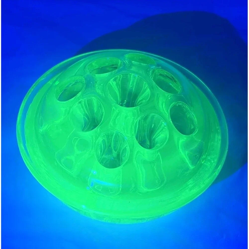 Vaseline Uranium Glass Flower Frog 9 Holes Glows UV Green Vintage 3